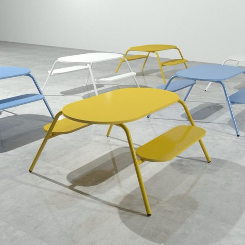 Banca fast food metálica personalizada con diseño funcional y materiales resistentes, ideal para restaurantes y espacios de autoservicio.