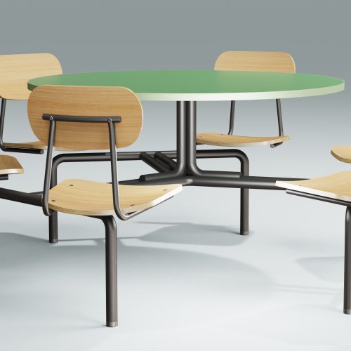 Banca fastfood redonda fija con base metálica y asiento tapizado, ideal para restaurantes, comedores industriales y áreas de comida rápida.