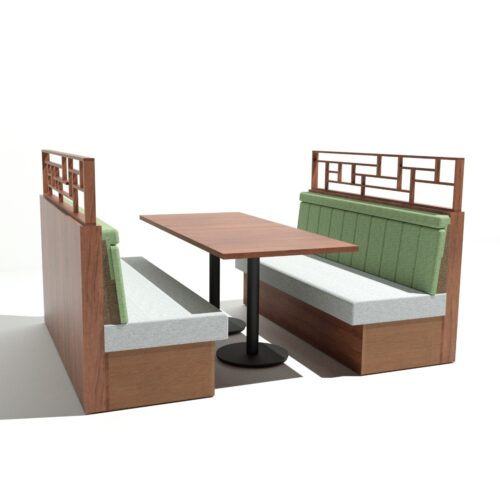 Booth con división superior, tapizado en color personalizable, ideal para restaurantes y cafeterías.