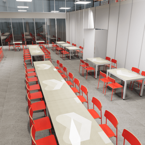 Comedor corporativo moderno con mesas y sillas fabricadas en México, diseñado con distribución basada en plano 3D personalizado