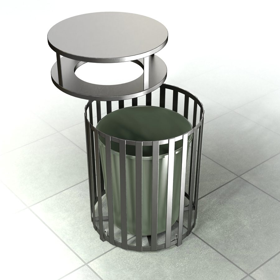 Contenedor de basura metálico resistente para uso exterior e interior, ideal para espacios públicos, industriales o comerciales.