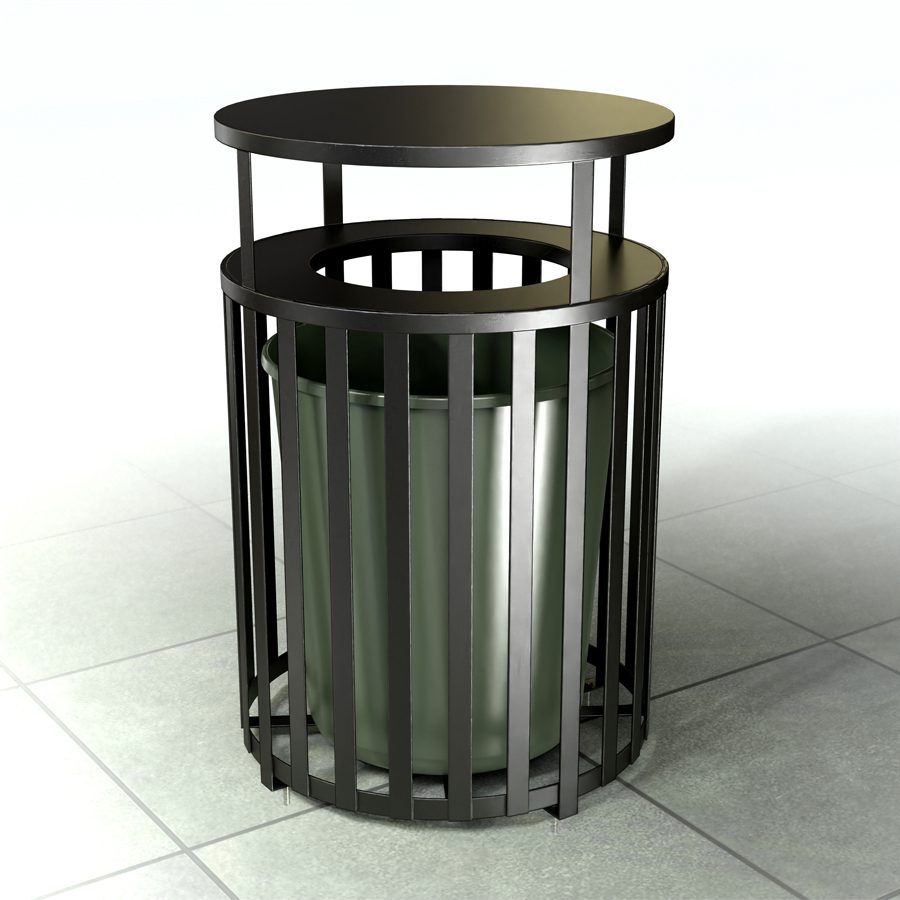 Contenedor de basura metálico resistente para uso exterior e interior, ideal para espacios públicos, industriales o comerciales.