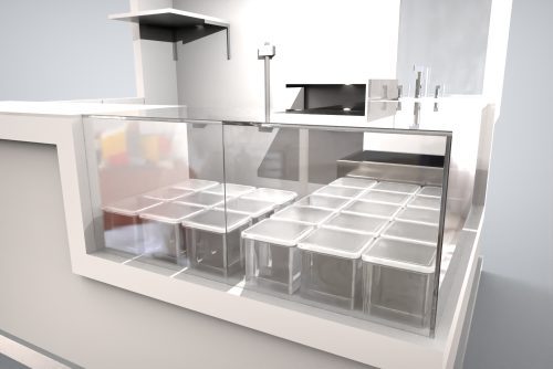 Kiosco de nevería personalizado para venta de helados, con diseño compacto y exhibición frontal de productos.