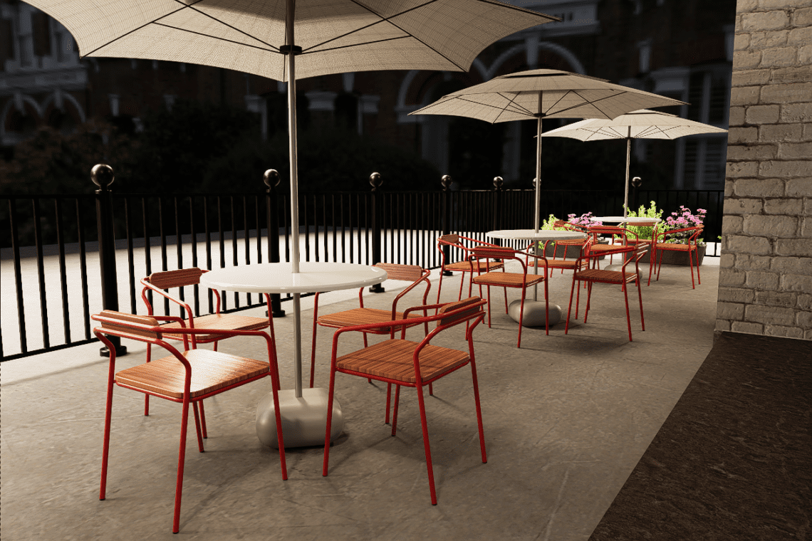 Idea de comedor industrial con mesas y sillas resistentes, diseño funcional y ambiente organizado.