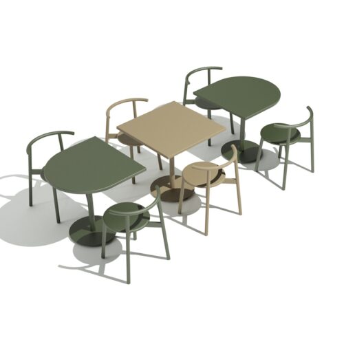Mesas y sillas para restaurante, diseño moderno y resistente, ideales para interiores comerciales.